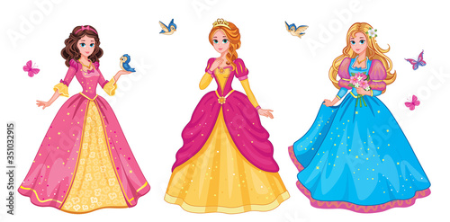Set  beautiful fairytale Elf princess on white background. Children s illustration for print or sticker. Isolated illustration. Romantic story. Wonderland. Postcard for friends or family. Vector. 