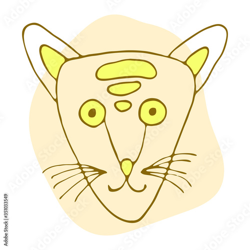 Orange and yellow cute cat in doodle style isolated on white background. Vector stock illustration. Hand drawing line art image. Design concept for cat cafe, children print.