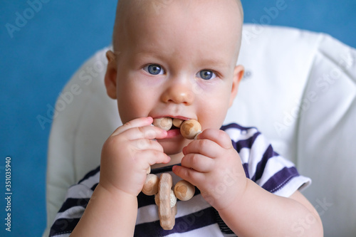 eco wood toys. baby game. Little clever caucasian child playing natural toys on highchair. games for early development. Toy in kids mouth photo