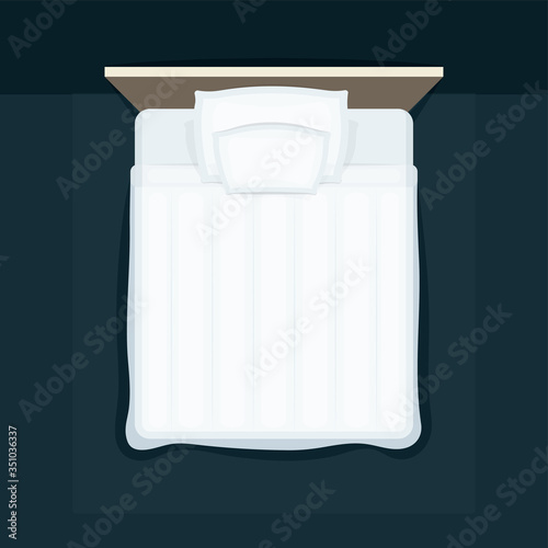 Empty bed top view vector illustration. Pillow and blanket on double bed. 