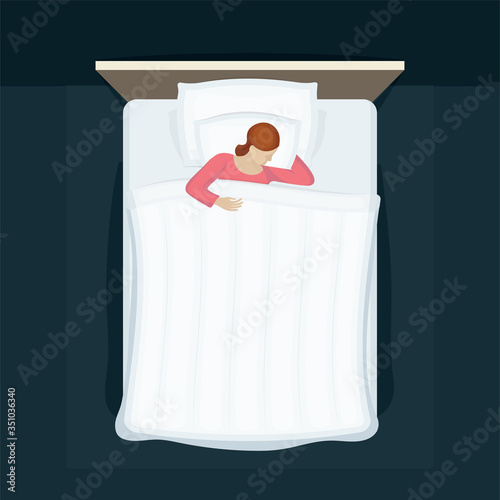 Sleeping woman vector illustration. Woman sleeping in bed. Lady sleeping at night.