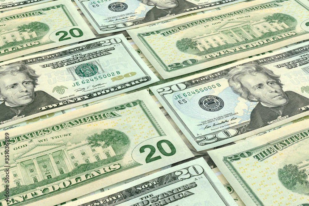 Money banknotes background. U.S. 20 dollars bills