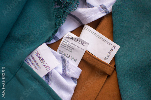 tag label on clothing recommendations for washing clothes fabrics photo
