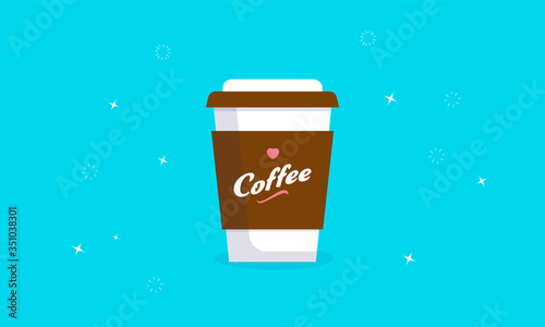 Takeaway coffee vector illustration. A disposable cup of fresh coffee with text and a red heart in flat 2d design.
