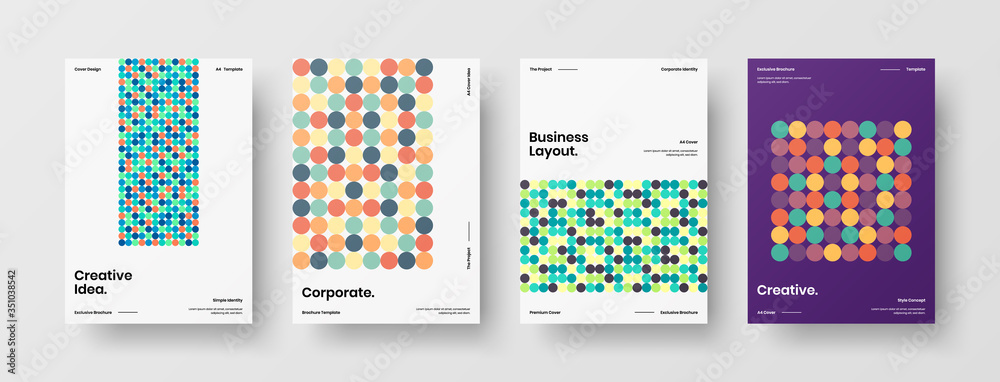 Company identity brochure template collection. Business presentation vector A4 vertical orientation front page mock up set. Corporate report cover abstract geometric illustration design layout bundle. Company identity brochure template collection. Business presentation vector A4 vertical orientation front page mock up set. Corporate report cover abstract geometric illustration design layout bundle.