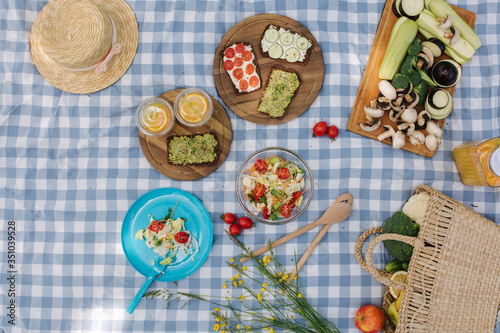 Top view of Picnic basket with healthy vegan sandwiches on blue checkered blanket in park. Fresh fruits, vegetables and orange juise. Vegan picnic concept