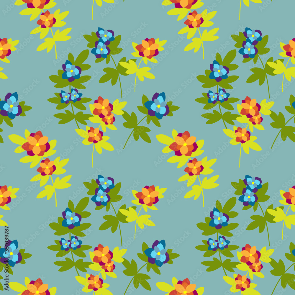 Floral seamless pattern with blue and red decorative flowers and branches on blue-gray background. Textile and paper design