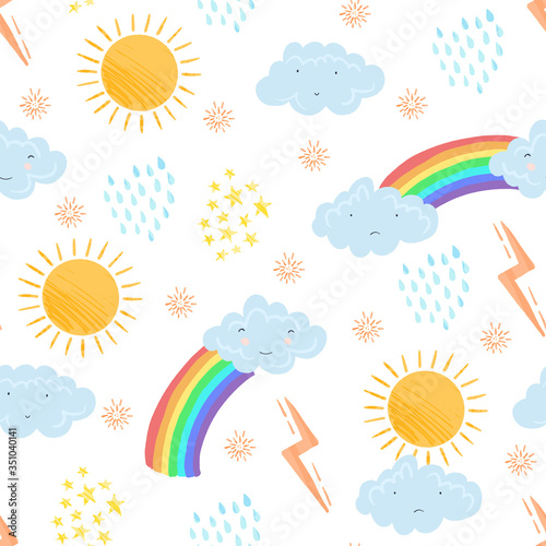 Seamless pattern with cute textured cartoon weather elements in pastel colors. Funny vector clouds, sun and rainbow texture for kids textile design, wrapping paper, surface, wallpaper, background
