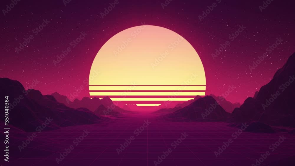 Retro wave landscape. Sunset, terrain and mountains. Glowing sun above the horizon. 80s, 90s. Seamless loop Retro wave landscape. Sunset, terrain and mountains. Glowing sun above the horizon. 80s, 90s. Seamless loop