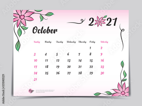 Calendar 2021 template pink flower concept creative design, October 2021 month,  Simple desk calendar design, Week starts from Sunday. vector eps10