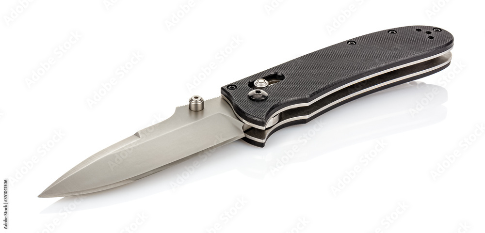 Lying open folding pocket knife with satin blade and black composite plastic cover plates on steel handle isolated on white background with reflection on glossy surface. Pocket knife close-up image Lying open folding pocket knife with satin blade and black composite plastic cover plates on steel handle isolated on white background with reflection on glossy surface. Pocket knife close-up image