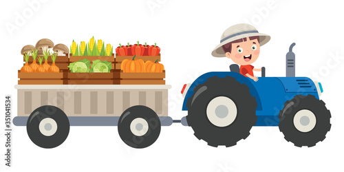 Funny Little Farmer Riding Tractor