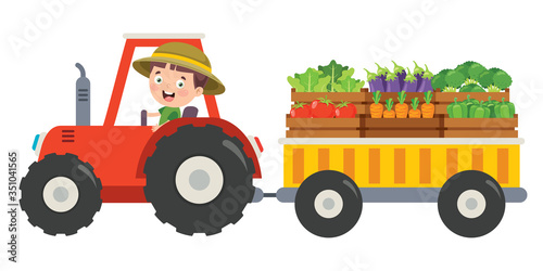 Funny Little Farmer Riding Tractor