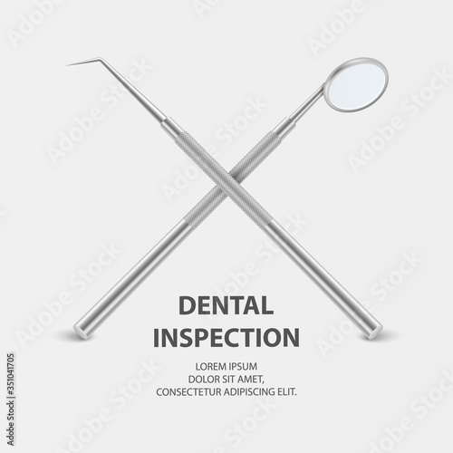 Dental Inspection Banner, Plackard. Vector 3d Realistic Dental Inspection Mirror and Probe for Teeth Closeup on White Background. Medical Dentist Tool. Design Template