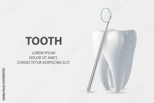 Dental Inspection Banner, Plackard. Vector 3d Realistic Dentist Mirror for Teeth with Tooth Icon Closeup on White Background. Medical Dentist Tool. Design Template. Dental Health Concept