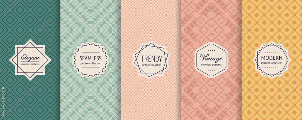 Vector set of vintage seamless patterns in traditional ethnic style. Retro geometric ornament in trendy pastel colors. Elegant minimal stickers. Nordic winter Christmas textures. Abstract backgrounds