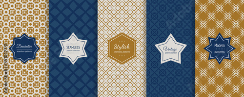 Vector seamless patterns collection. Retro geometric backgrounds with elegant labels. Set of abstract vintage ornaments. Simple old style floral grid textures. Repeat design for decoration, package