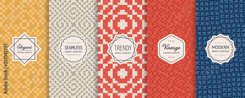 Vector set of Christmas seamless pattern. Retro vintage geometric background swatches with modern minimal labels. Nordic winter style ornaments. Abstract jersey plaid textures design collection