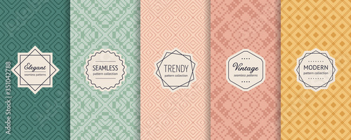 Vector set of vintage seamless patterns in traditional ethnic style. Retro geometric ornament in trendy pastel colors. Elegant minimal stickers. Nordic winter Christmas textures. Abstract backgrounds