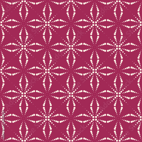 Vector seamless pattern with dots. Simple geometric texture with dotted halftone crosses  floral silhouettes  grid. Abstract minimal background in burgundy color. Modern repeat design for decor  print