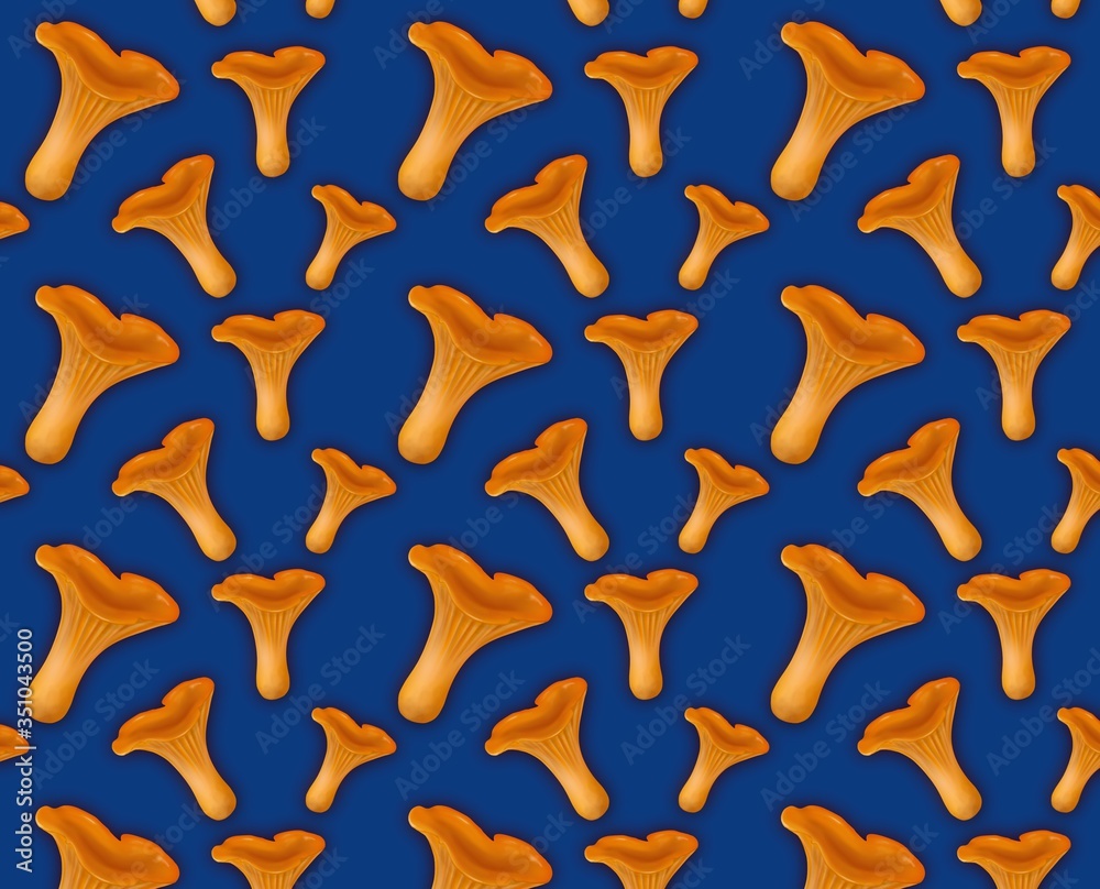 chanterelles mushrooms realistic pattern art on blue background 