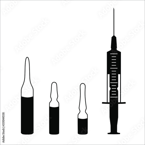 Medical ampoules and syringe icon isolated on white background. Simple medical sign isolated. Ampoule simple black icon. Vaccine ampoule in thin line style.
