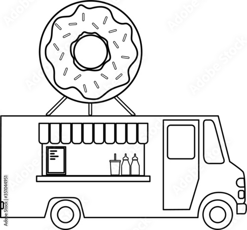 Street Food Truck with Donut outline vector icon for web design isolated