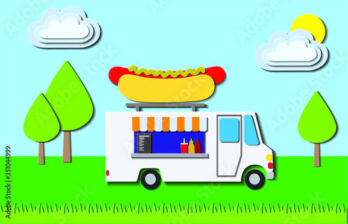 Street food truck with Hot Dog vector illustration in Paper Cut style