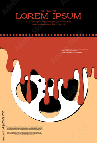 Template for festival horror movie. Film reel in a puddle of blood. Movie design for banner, flyer, poster, ticket. Retro cinema background with place for your text. Scary cinema. Horror film night.