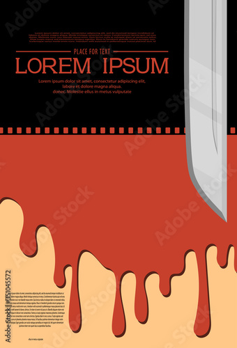 Template for festival horror movie. Retro cinema background. Horror movie design with a puddle of blood and a knife. Film template for banner, flyer, poster, tickets. Scary cinema. Horror film night.