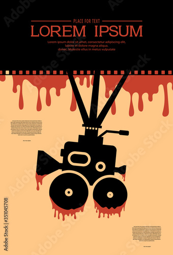Template for festival horror movie. Silhouette of bloody cinema projector on a tripod on background of blood drops. Film festival template. Scary cinema. Horror film night. Retro cinema background.