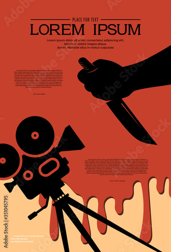 Cinema background for a horror movie festival design. Silhouette of cinema projector and hand holding a knife in a puddle of blood. Retro film festival template. Scary cinema. Horror film night.