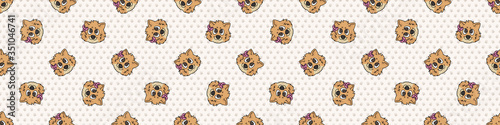 Hand drawn cute pomeranian face with pink bow dog face seamless border pattern. Purebred pedigree domestic dog background. Dog lover fluffy spitz pet washi ribbon. Kennel pooch EPS 10. 