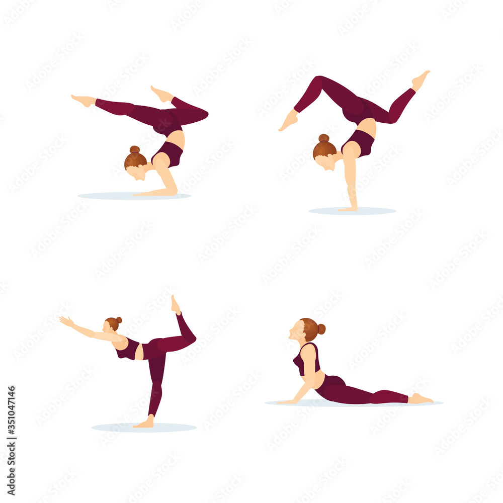 Female in different yoga poses.  Yoga girl character in yoga positions. Young woman practicing yoga. Vector illustration. Part of set.