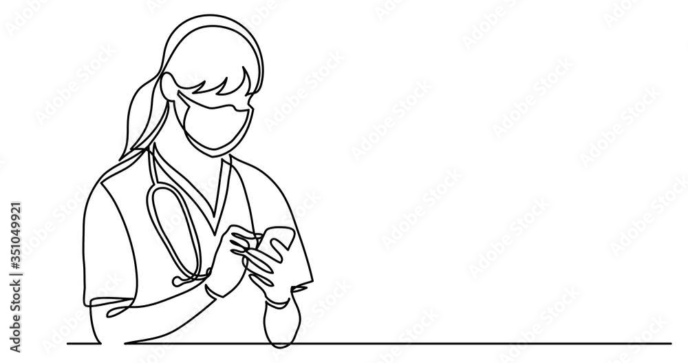 Animation of continuous line drawing of nurse in protective mask and gloves checking her mobile phone Animation of continuous line drawing of nurse in protective mask and gloves checking her mobile phone