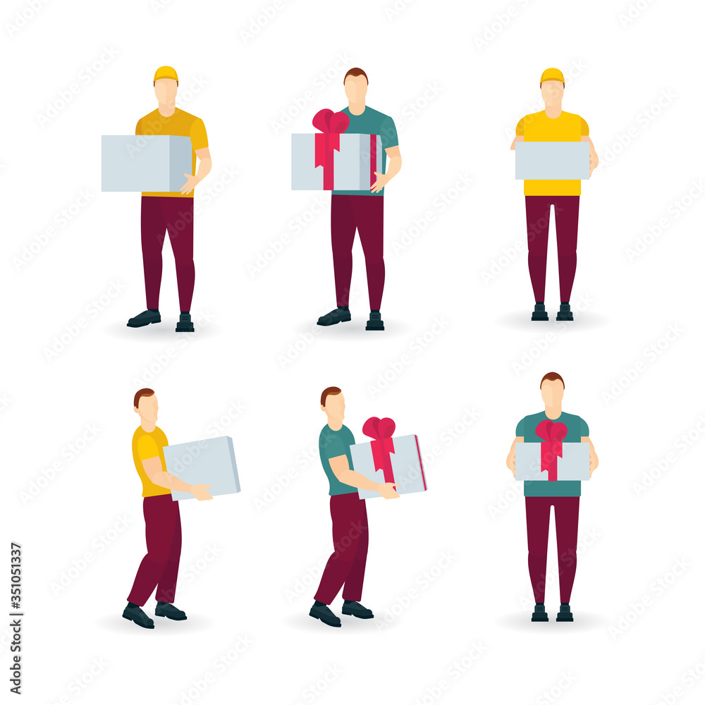 Delivery concept. Delivery boy characters set in different poses with various packages. Couriers with large white and gift boxes. Part of set. Delivery concept. Delivery boy characters set in different poses with various packages. Couriers with large white and gift boxes. Part of set.