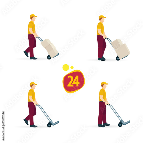 Courier pushing a cart with boxes. Delivery man carrying boxes on a hand truck. Storage worker pushing trolley. 24 Hour delivery service. Part of set.