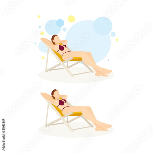 Young girl sunbathing in deck chair. Lady sunbathing on beach vector illustration. Part of set.