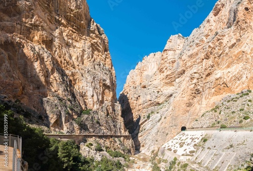 View of train tunnel and rock formations in Caminito del rey, Andalusia, Spain
