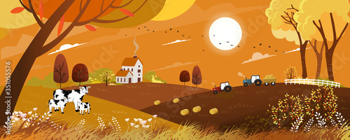 Vector Autumn landscape with sunrise view on harvest field with tractor, framhous,cows and straw bales in the countryside,Panorama view farmlands in fall season with orange foliage,Mid autumn festival