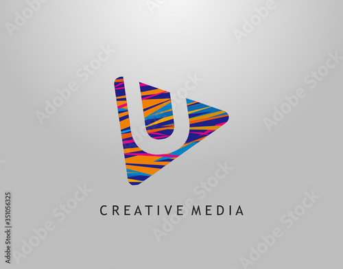 U Letter Logo. Colorful Pop Art Strip on PLay Icon Perfect for Cinema, Movie, Music,Video Streaming Concept.