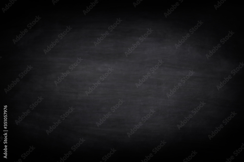 Chalkboard or black board texture abstract background with grunge dirt white chalk rubbed out on blank black billboard wall