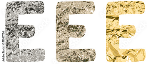 Isolated Font English or Latin or Russian letter E made of crumpled titanium, silver, gold foil on white background