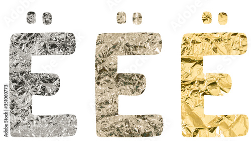 Isolated Font Russian Letter made of crumpled titanium, silver, gold foil on white background