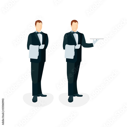Waiter. Waiter with tray and towel. Set of waiter character design.  Part of set.