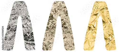 Isolated Font Russian Letter made of crumpled titanium, silver, gold foil on white background