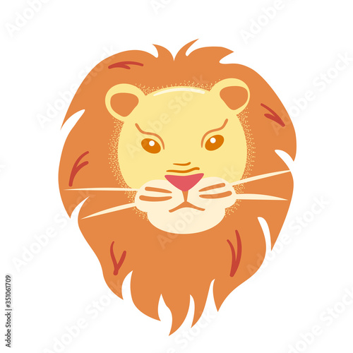 Lion flat head on white background. Mane big cat mask Isolated vector icon. Halloween carnival paper face. Animals character print. Zoo clip art for masque. Simple style illustration