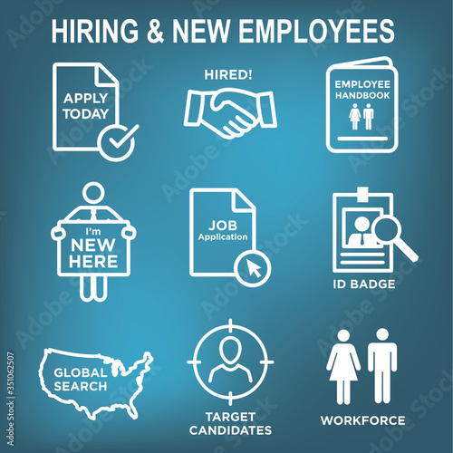Hiring and Employees icons - job related images showing hiring