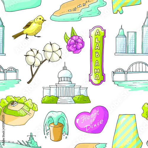 Vector seamless pattern with Alabama's sighs ans sights infographics