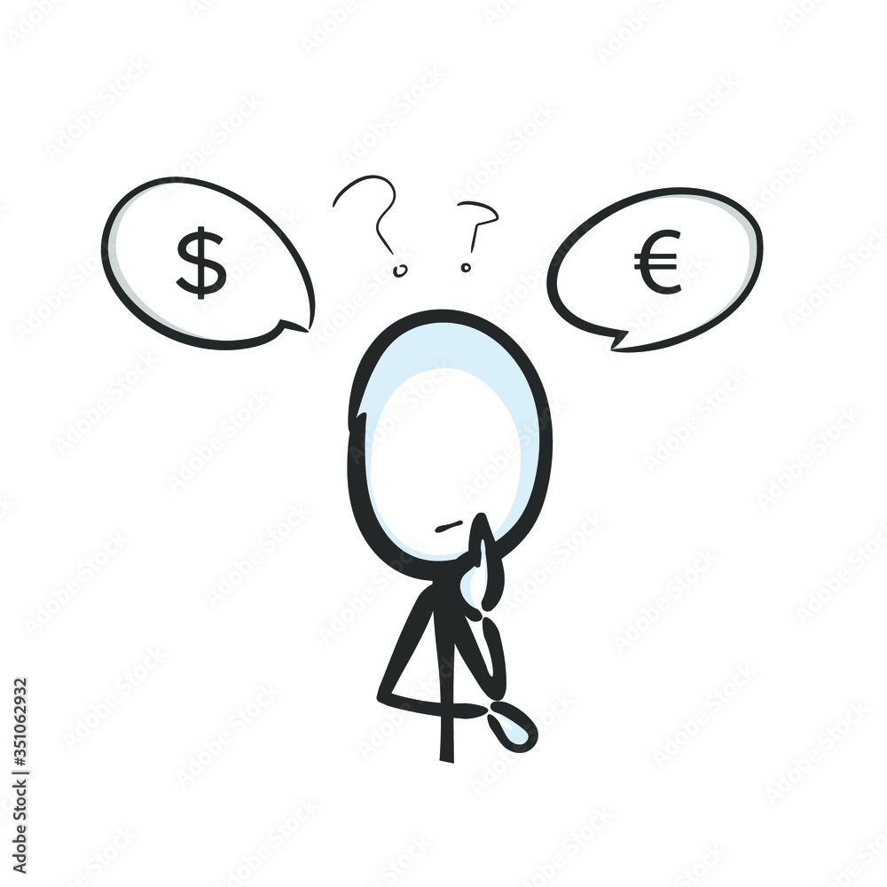 Currency exchange decision. Financial investment analysis. Hand drawn. Stickman cartoon. Doodle sketch, Vector graphic illustration Currency exchange decision. Financial investment analysis. Hand drawn. Stickman cartoon. Doodle sketch, Vector graphic illustration